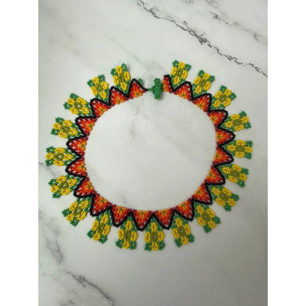 Handmade Artesanal Colorful Beaded Necklace Yellow Green Orange